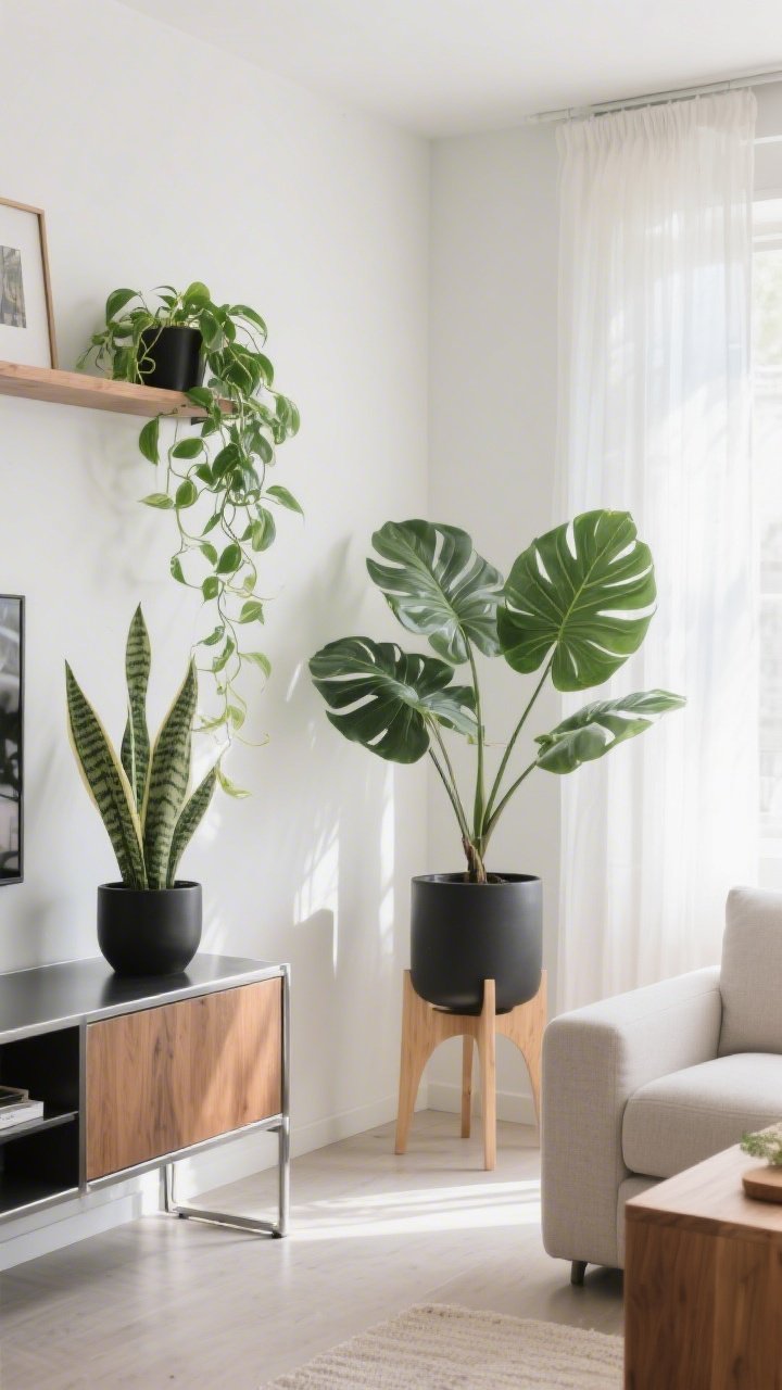 A medium shot of a bright living room corner with easy plants: a snake plant in a matte black planter, pothos trailing from a shelf, and a faux fiddle leaf fig in a light oak stand; planters matching the room’s metal and wood tones; dust-free leaves; soft daylight filtering through sheer curtains; fresh, lively mood