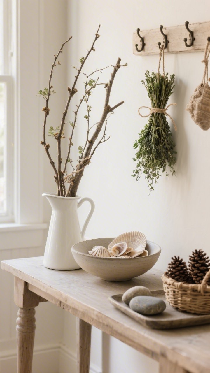 A medium shot of a console table bringing nature indoors without new plants: tall foraged branches arranged in a white pitcher, bundles of herbs tied with twine hanging from kitchen hooks in the background, a shallow bowl of seashells and a basket of pinecones, plus a few smooth stones on a tray; soft morning light, organic textures, imperfect yet charming.