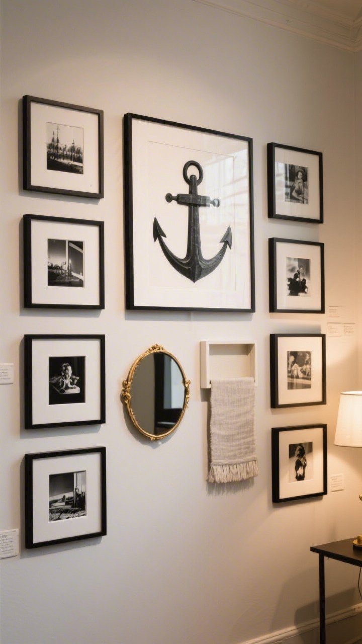 A medium shot of a curated gallery wall: cohesive black-and-white photography theme with consistent thin black frames; one larger anchor piece centered at 58 inches eye level; tight, even 2-inch spacing between frames; a small brass-rimmed mirror and a shallow textile in a shadowbox mixed in for texture; layout planned and balanced; warm ambient light from a nearby lamp washing the wall; straight-on composition