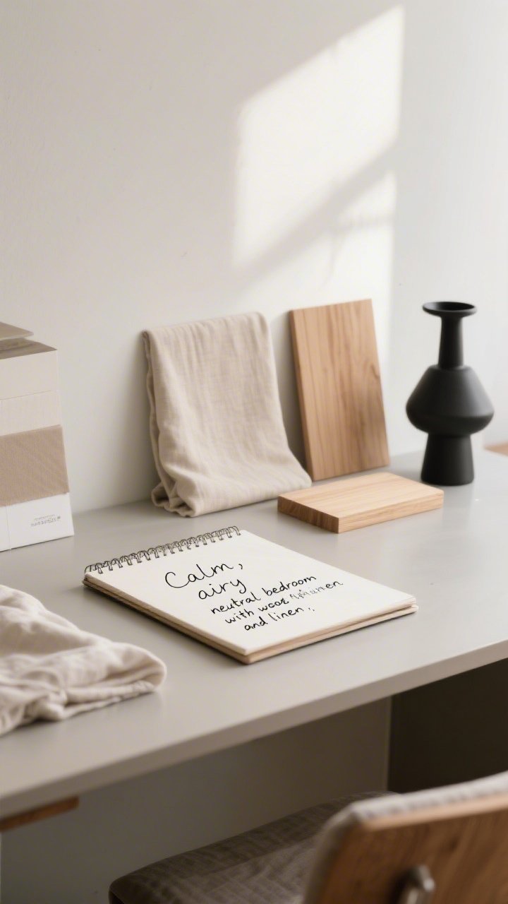 A medium shot of a desk with a notepad displaying a handwritten one-sentence vision: “Calm, airy, neutral bedroom with wood and linen,” flanked by a neutral linen swatch, a light oak wood sample, and a small black-accented decor piece; soft, diffused morning light and a restrained palette reinforce focused decision-making.