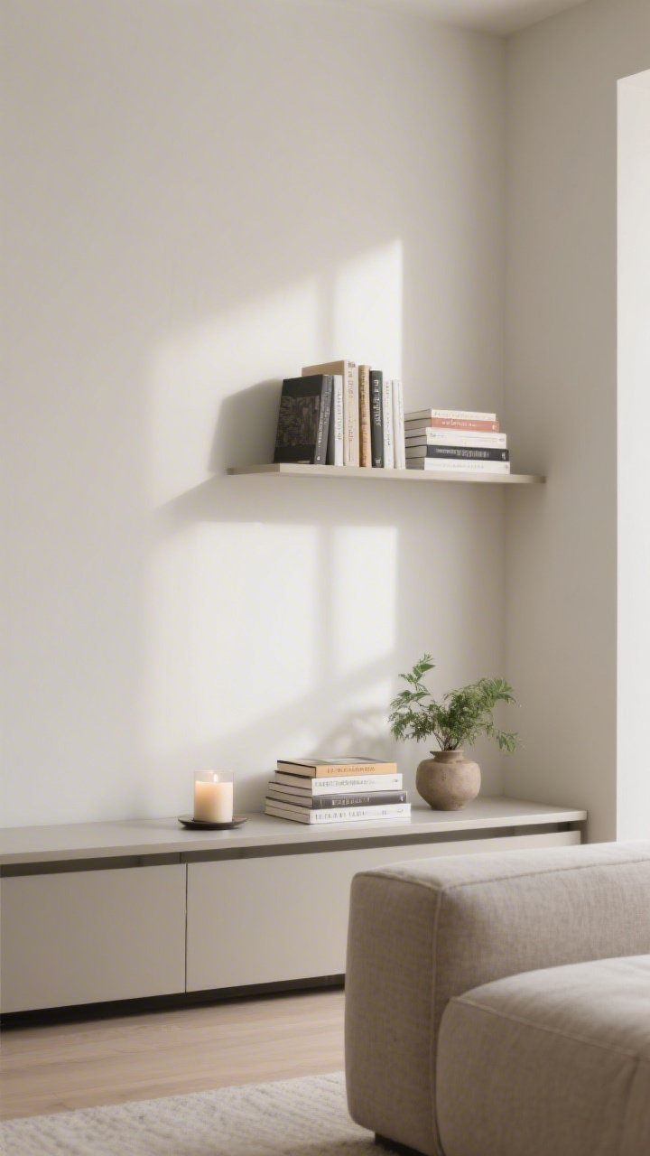 A medium shot of a freshly decluttered living room corner with only a few curated favorites styled on a slim console: a stack of books, a candle, and a small plant arranged in a group of three, with books grouped together on a single floating shelf above; neutral walls, lots of negative space, soft morning natural light, clean lines, no extra clutter, photorealistic