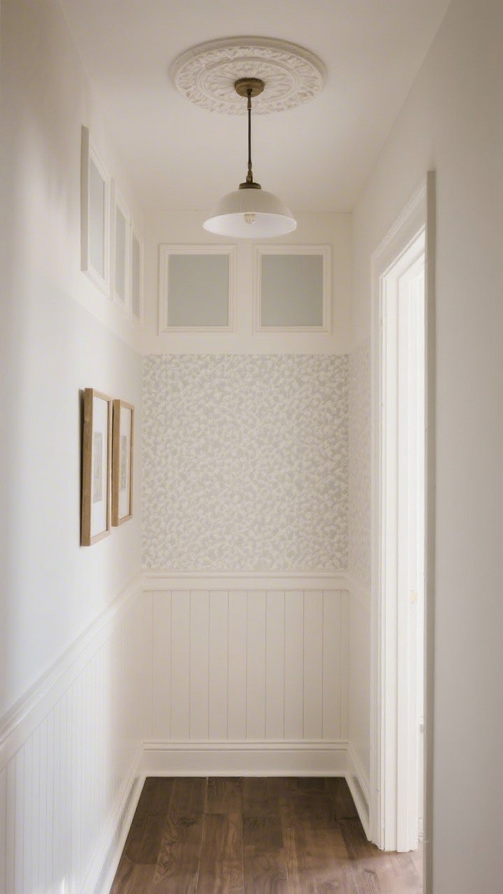 A medium shot of a hallway wall showing removable architectural details: paintable wainscoting peel-and-stick wallpaper on the lower half, peel-and-stick trim outlining picture-frame panels above, and an adhesive-backed lightweight ceiling medallion around a simple pendant; soft, even lighting to show depth