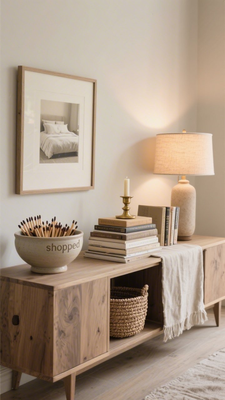 A medium shot of a living room console styled from “shopped” house items: a ceramic kitchen bowl filled with collected matches, a woven basket from the hallway, a stack of hardcover books with a brass candleholder on top, and a framed print borrowed from the bedroom; add a relocated table lamp casting warm, soft light; neutral palette with layered textures like linen runner over the console, wood grain, and matte ceramics; straight-on view, photorealistic, no people.