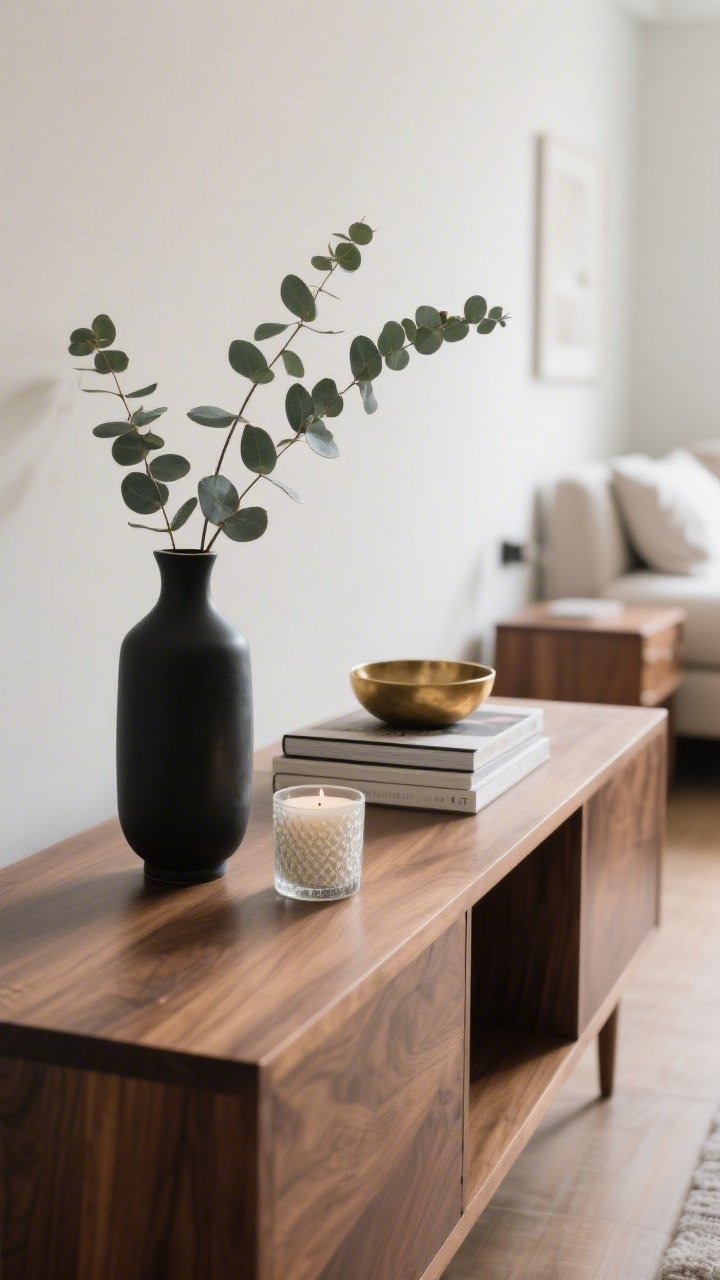 A medium shot of a living room console table styled like a pro: the surface is freshly cleared except for a curated trio—one tall matte black ceramic vase with eucalyptus, a medium-sized stacked design book with a small brass bowl on top, and a small textured candle in frosted glass. Negative space is intentional, the tabletop is walnut, background shows a softly blurred nightstand with a similar trio. Natural daylight, clean, breathable look with visible wood grain and minimal dust-free surfaces.