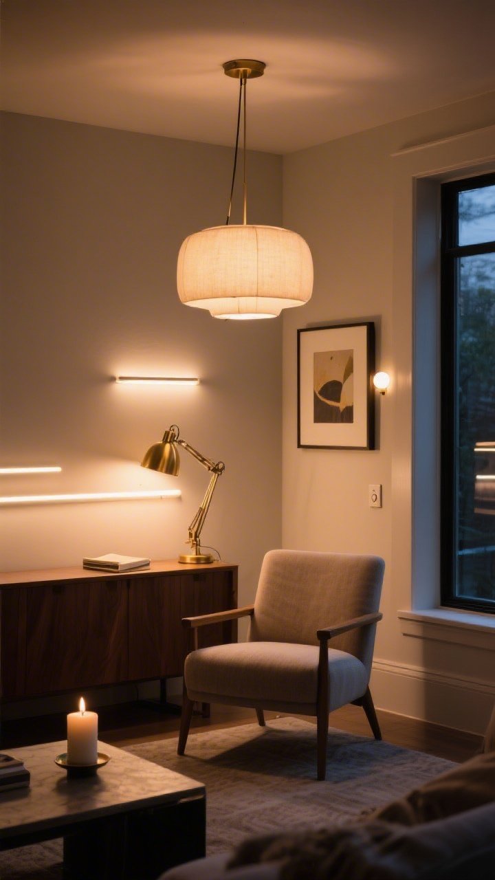 A medium shot of a living room corner showcasing layered lighting: warm ambient glow from an overhead pendant (2700–3000K), a brass task lamp by a reading chair, and an accent picture light over framed art; include an LED strip softly grazing the back of a console and a candle on the table, visible dimmer switch on the wall, warm white bulbs mixing heights for depth; cozy evening mood, photorealistic.