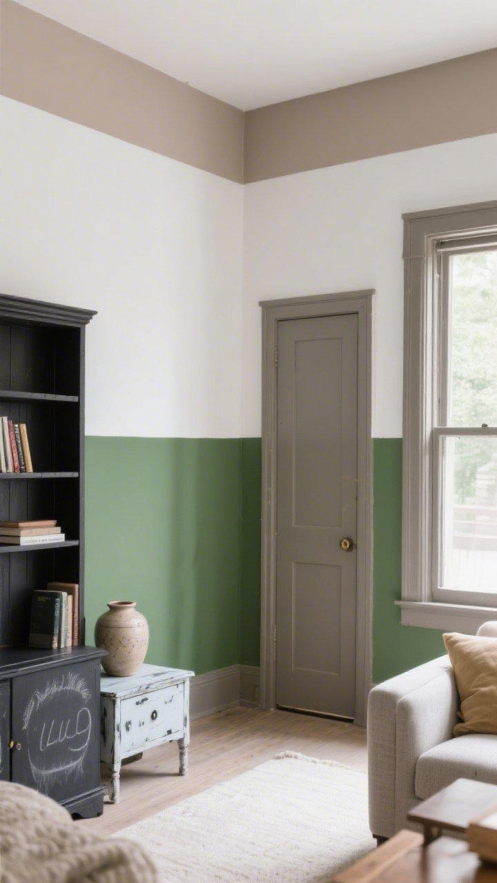 A medium shot of a living room corner showcasing purposeful paint: a color-blocked sage green accent wrapping the lower third of a crisp white wall, with the ceiling painted soft taupe for a cozy feel and doors/trim in warm gray contrast; include a refreshed matte black-painted bookshelf and a chalk-painted nightstand styled with a ceramic vase; soft natural daylight, designer vibe on a budget, photorealistic.