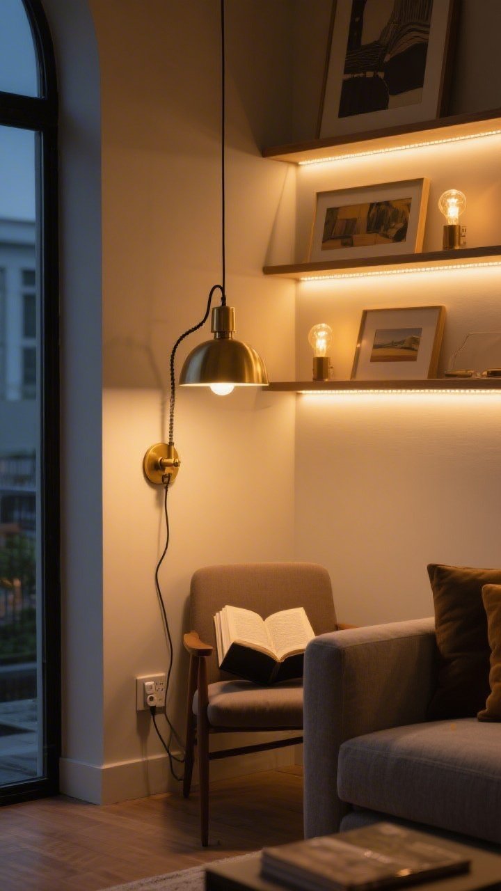 A medium shot of a living room corner showing layered lighting: a plug-in pendant casting ambient glow, a brass task sconce with visible cord over a reading chair, and warm LED strip lights under a wall shelf highlighting art; bulbs at 2700–3000K for a golden vibe, with a smart plug dimmer on the outlet; evening mood