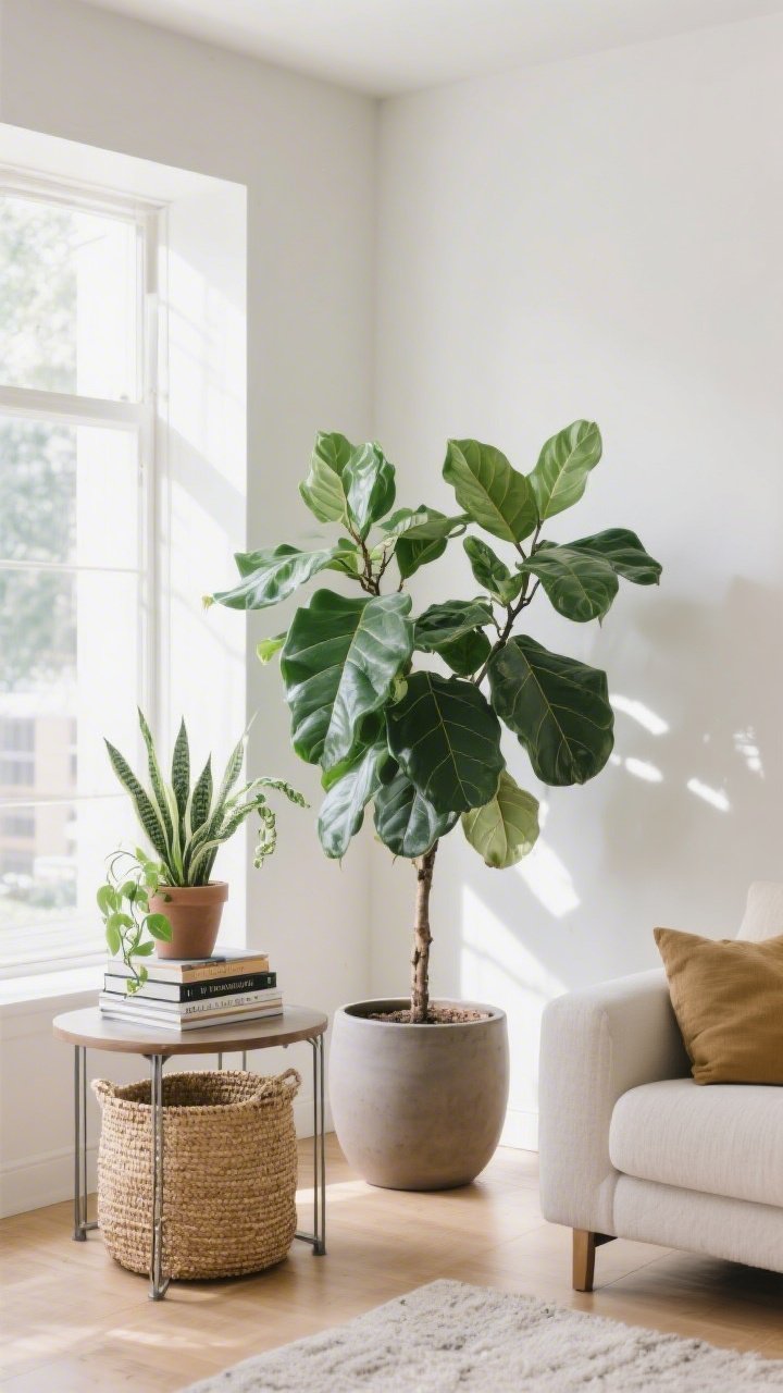 A medium shot of a living room corner with big green energy: an oversized rubber tree in a matte ceramic planter, paired with a tabletop snake plant and a small pothos on a stack of books; a seagrass basket conceals a nursery pot, and a metal plant stand varies height; bright indirect daylight, crisp and fresh atmosphere