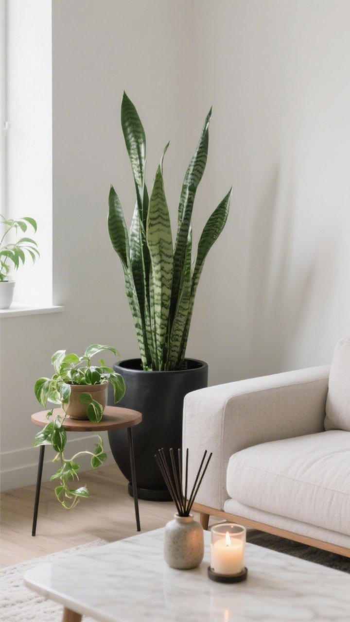 A medium shot of a living room corner with greenery and scent: a tall snake plant in a matte black planter beside the sofa for scale, plus a small pothos on a side table in a ceramic pot; a subtle reed diffuser and a lit candle providing a signature scent on the table; palette calm and modern; gentle natural light highlighting glossy leaves; minimal number of plants for impact without clutter