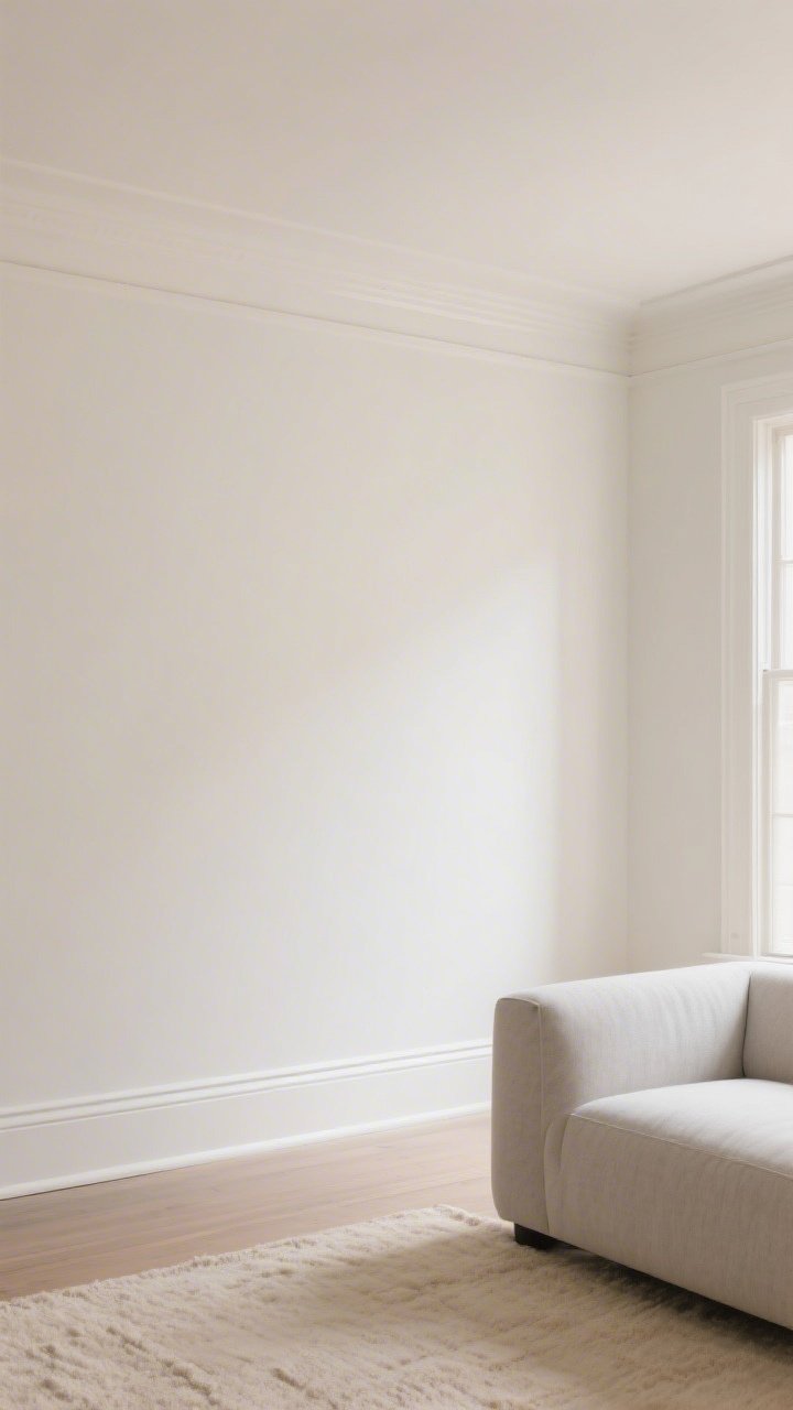A medium shot of a living room’s largest wall freshly painted in a soft warm white satin finish, with matching ceiling for a seamless gallery-like vibe; crisp, newly touched-up baseboards in the same shade; a pale greige sofa and creamy beige rug sit nearby; natural daylight bounces softly, showing low sheen, cohesive mood.