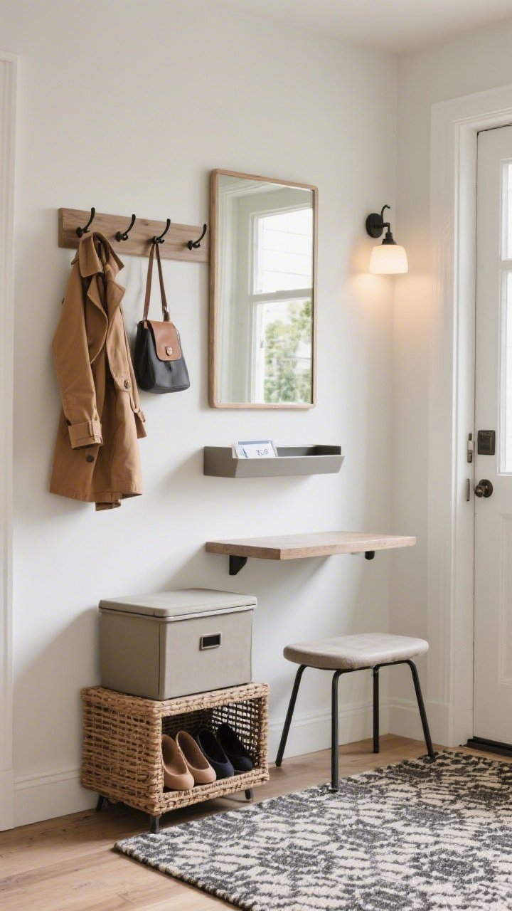 A medium shot of a micro-entry landing zone: a slim wall-mounted shelf with a shallow tray for mail, a hook rail holding a coat and bag, an indoor/outdoor patterned rug underfoot, a mirror above the shelf for last-look checks; a closed lidded basket for shoes tucked beneath; optional wall-mounted drop table with a stool that slides under; bright yet cozy entry lighting