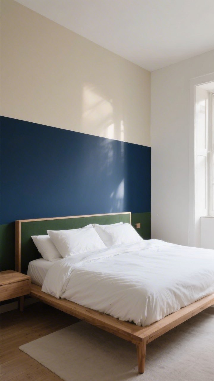 A medium shot of a modern bedroom featuring a single bold accent wall painted deep navy behind the bed, with the remaining walls in soft warm white; eggshell finish on the navy paint for a gentle sheen; clean-lined natural wood bed with white linen bedding; optional color-blocking on the accent wall with the lower two-thirds in deep olive and top third light cream to fake taller ceilings; soft afternoon natural light grazing the wall to show paint finish; avoid windows and doors on the accent wall; minimal decor for a designer look