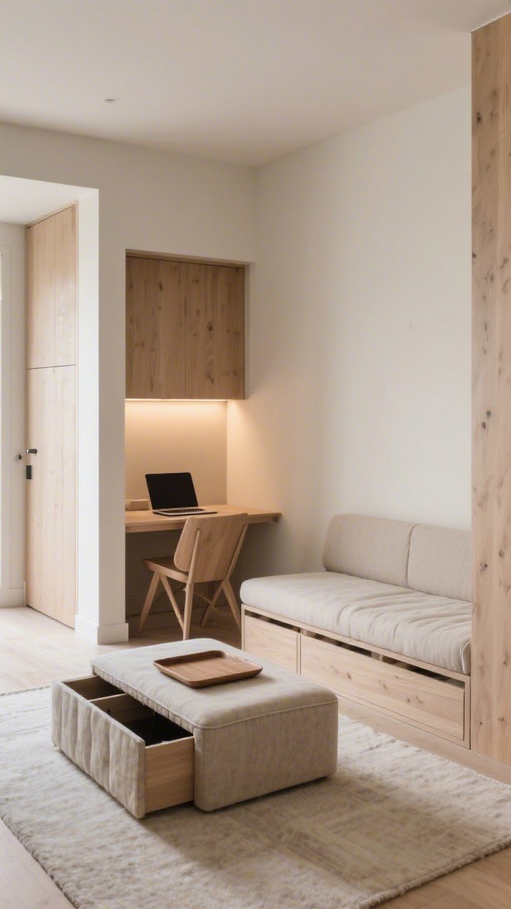 A medium shot of a multifunctional nook: a storage ottoman serving as a coffee table with a tray on top, a slim daybed that doubles as seating, and a small drop-leaf table folded to desk mode with a laptop; hidden storage bench at the entry, warm ambient lighting, tidy and purposeful, neutral textiles with pale oak accents