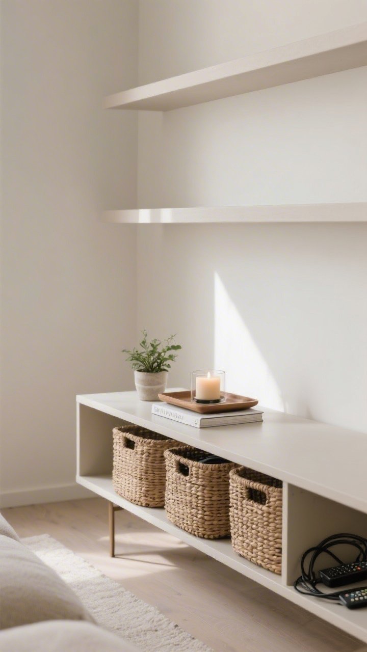 A medium shot of a pared-back living room vignette: a small tray on a slim console styled with a single candle, a tiny potted plant, and one hardcover book, with all other surfaces cleared; attractive woven baskets tucked under the console hiding cords and remotes; limited open shelving in the background left mostly empty; soft natural daylight, neutral palette for instant calm, photorealistic
