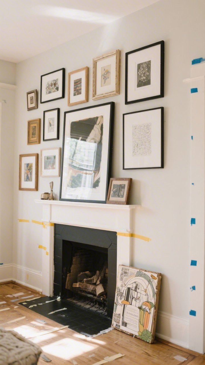 A medium shot of a refreshed focal wall: a casual salon-style gallery wall mixing different frames clustered together, a large framed artwork leaning on a mantel, and a small DIY piece made from a book illustration; the smallest wall holds one oversized piece for drama; painter’s tape layout remnants on the floor nearby; soft daylight with gentle contrast.