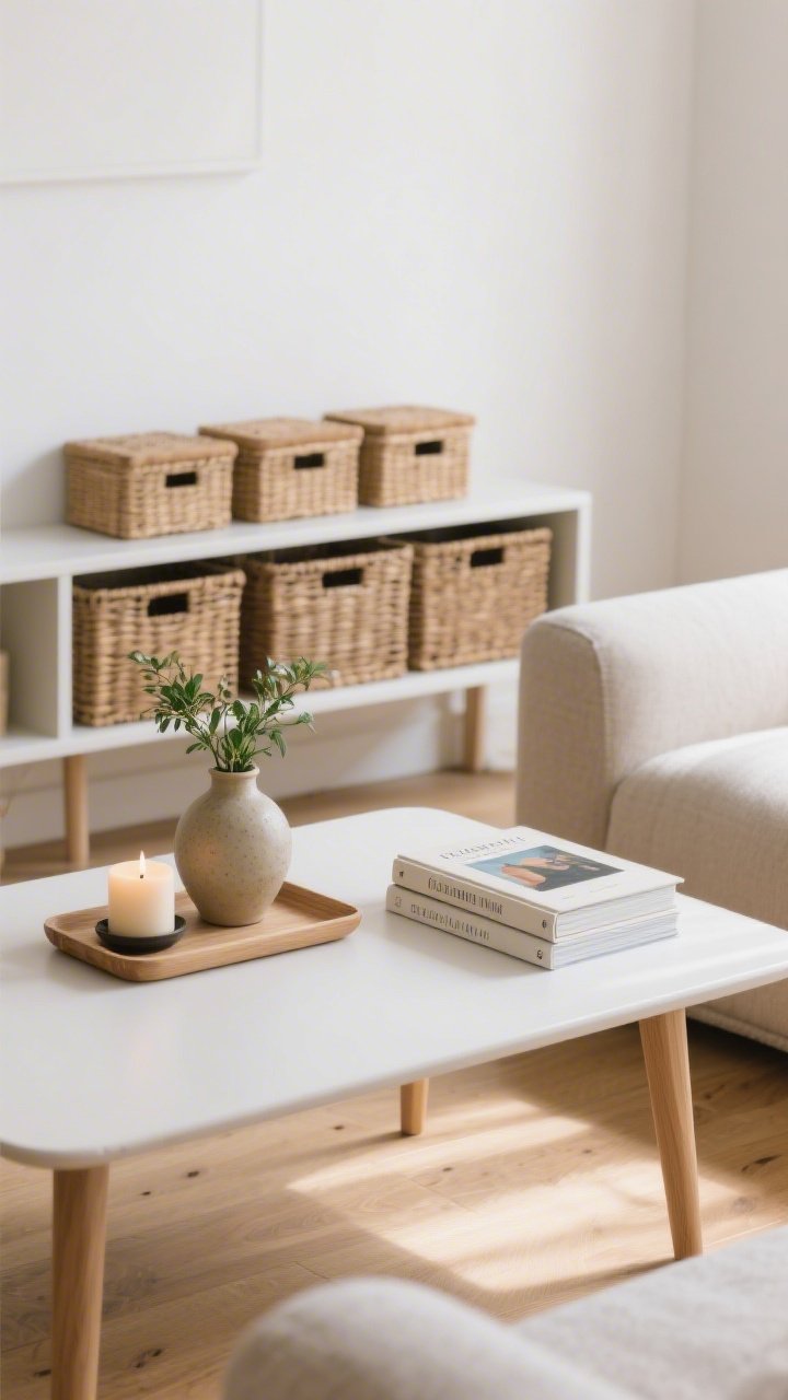 A medium shot of a small living room coffee table styled after a ruthless declutter: a clean tray holding a single candle, a small ceramic vase with greenery, and two favorite art books, with matching woven baskets and lidded bins neatly lined on a low shelf in the background; neutral palette of soft white walls and pale oak, warm ambient daylight, crisp, uncluttered vibe