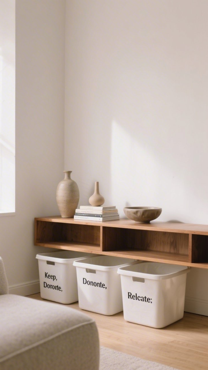 A medium shot of a small living room console styled after a ruthless edit: three bins labeled Keep, Donate, Relocate on the floor beside an emptied shelf, with the final vignette on the console showing a calm arrangement—an odd-number trio of objects (a ceramic vase, a small stack of books, and a sculptural bowl) in varying heights, plenty of negative space around them; neutral palette with soft white walls, natural wood, and warm ambient daylight for a serene, intentional mood