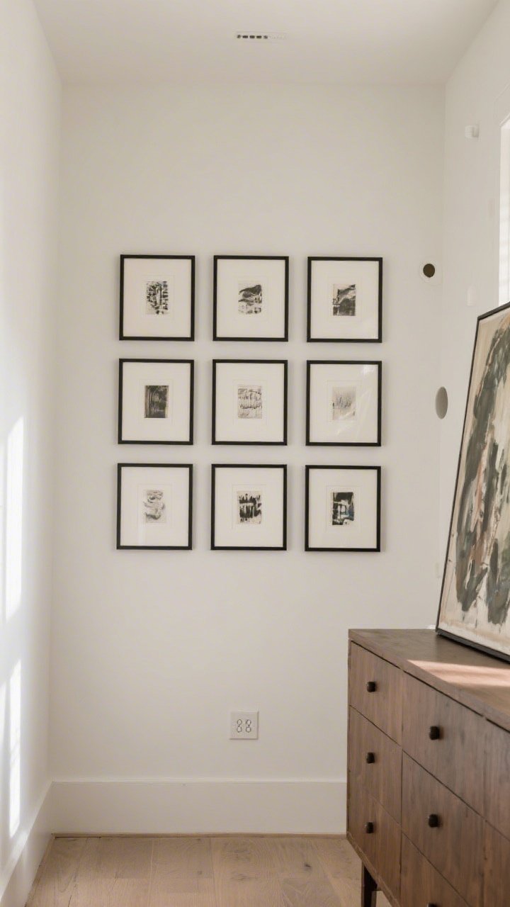 A medium shot of a small wall featuring right-sized art: a tight gallery grid with identical thin black frames, perfectly even 2-inch spacing, centered at about 58 inches from the floor; adjacent dresser top shows a large piece of art leaning casually against the wall to avoid extra holes; natural daylight and neutral walls for clean, museum-level simplicity