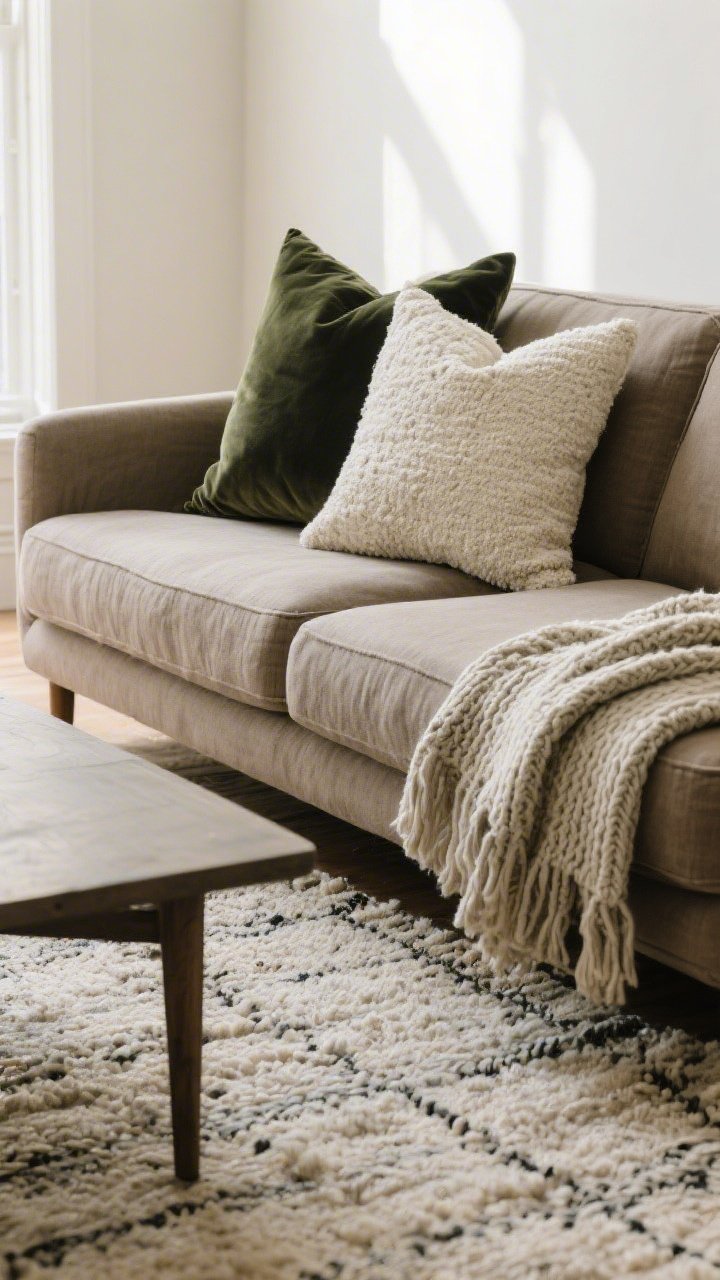 A medium shot of a sofa layered with textiles: a linen-blend taupe sofa with a mix of 20-inch linen and velvet pillows in olive, charcoal, and cream, plus a textured bouclé lumbar; a casually draped knit throw over the arm, not too perfect; a large, properly scaled woven wool rug under the coffee table with front legs of the sofa on it; color palette limited to 2–3 hues for cohesion; soft morning light to emphasize texture