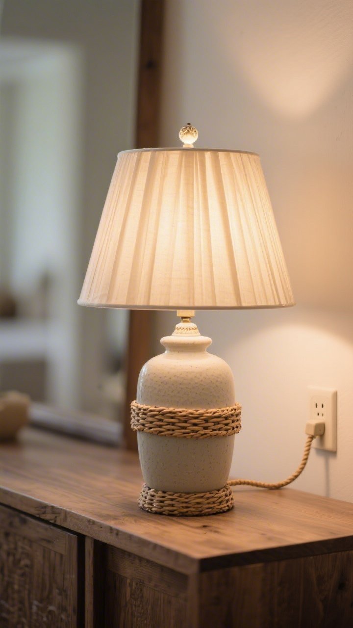 A medium shot of a table lamp on a wooden console with a fresh pleated lampshade in parchment, warm white bulb at 2700K glowing softly; the lamp base is ceramic with subtle texture, a decorative finial on top, and a woven rattan cord cover snaking neatly to a dimmer plug; background softly blurred to emphasize the shade swap and warm, chic ambiance