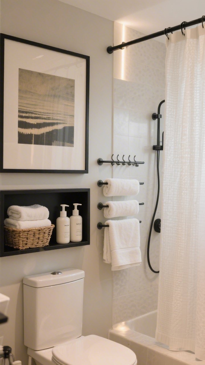 A medium shot of a tiny bathroom with spa energy: over-the-toilet shelving in matte black styled with baskets and neatly folded towels, uniform pump bottles for soaps and shampoos in the shower niche, one oversized art print above the towel area, and a hotel-style hook rail with multiple towels; a light, subtly textured shower curtain filtering warm white LED light; clean lines and airy calm