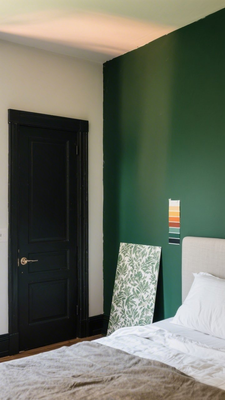 A medium shot of an accent wall transformation: one wall in deep green paint behind a bed, with the other walls in creamy white; painted black interior door trim for a design-forward touch; peel-and-stick wallpaper sample leaning nearby; a subtle tinted ceiling creating a soft glow; morning and evening paint swatches taped on the wall to show lighting shift; moody yet inviting ambiance