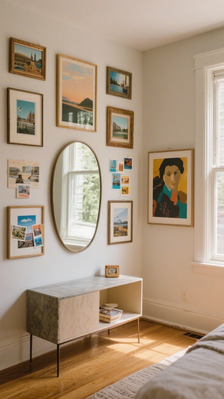A medium shot of art, mirrors, and personal stories: a mirror hung opposite a window to bounce light, a budget-friendly gallery wall of thrifted frames unified by a single spray-painted color housing travel prints and postcards, and one oversized canvas as a statement; include one small sentimental object styled on a console beneath; warm, inviting natural light, straight-on composition.