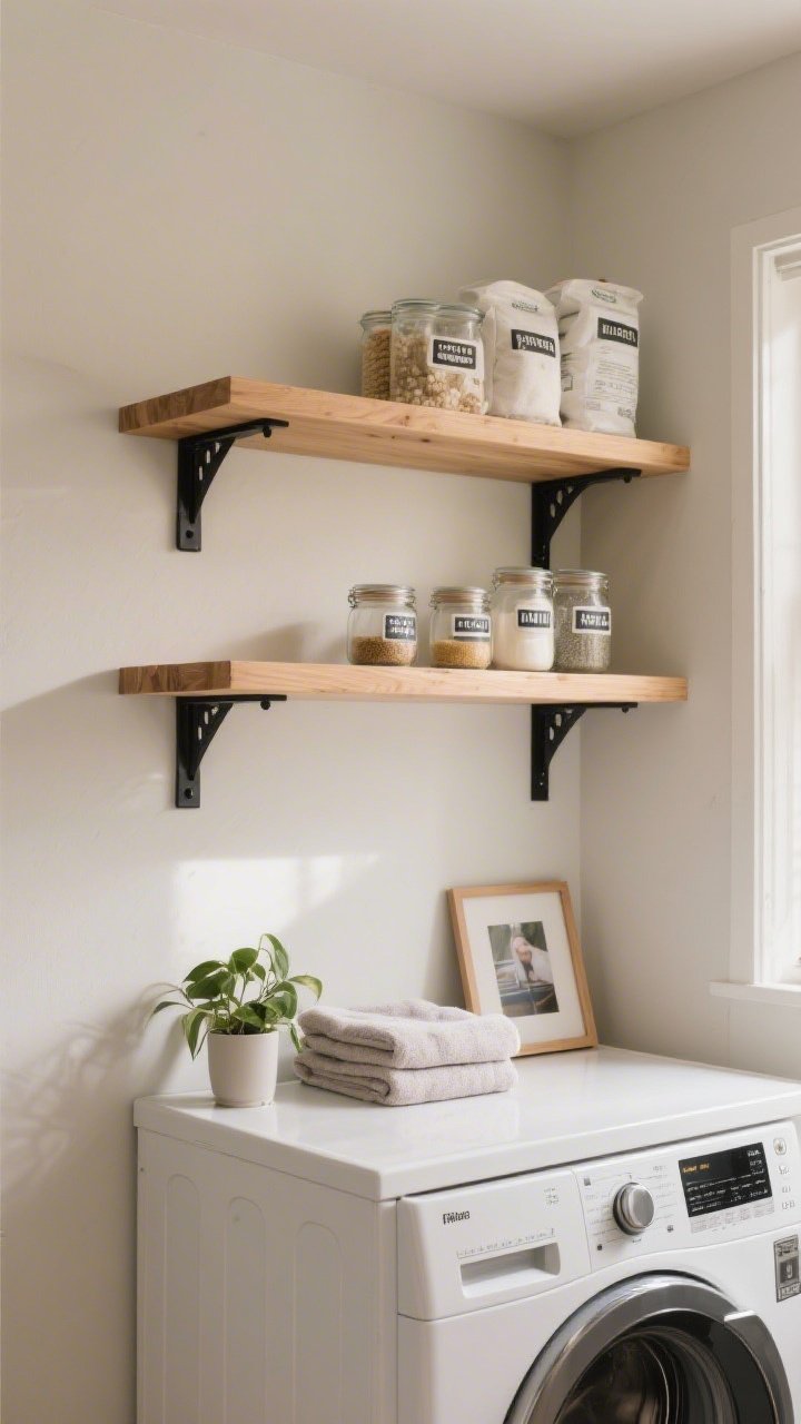 A medium shot of chic open shelving above laundry appliances: two pine shelves evenly spaced, sanded smooth and finished in a light oak stain; budget metal brackets spray-painted matte black for a designer look; shelves zoned—top shelf holds backstock neatly, middle shelf daily-use items in labeled jars, bottom shelf styled with a small plant, folded towels, and a framed photo; neutral wall backdrop, balanced composition, gentle directional light from the right