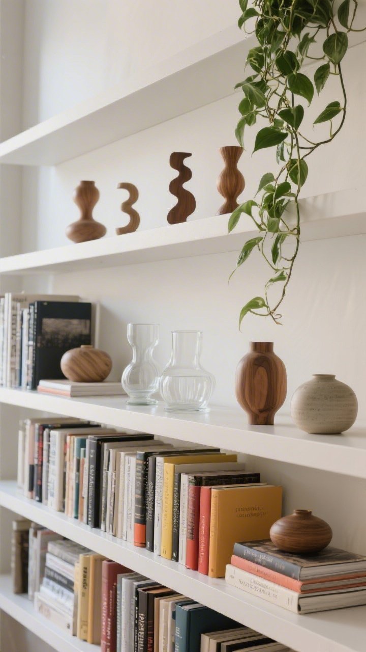 A medium shot of curated bookshelves styled like a gallery: books arranged both vertically and in horizontal stacks, some color-blocked and a few with turned spines for a calm look; grouped objects in odd numbers (3s and 5s), including glass, wood, and ceramic pieces; a trailing pothos plant cascading from an upper shelf; intentional empty space, straight-on, soft daylight.