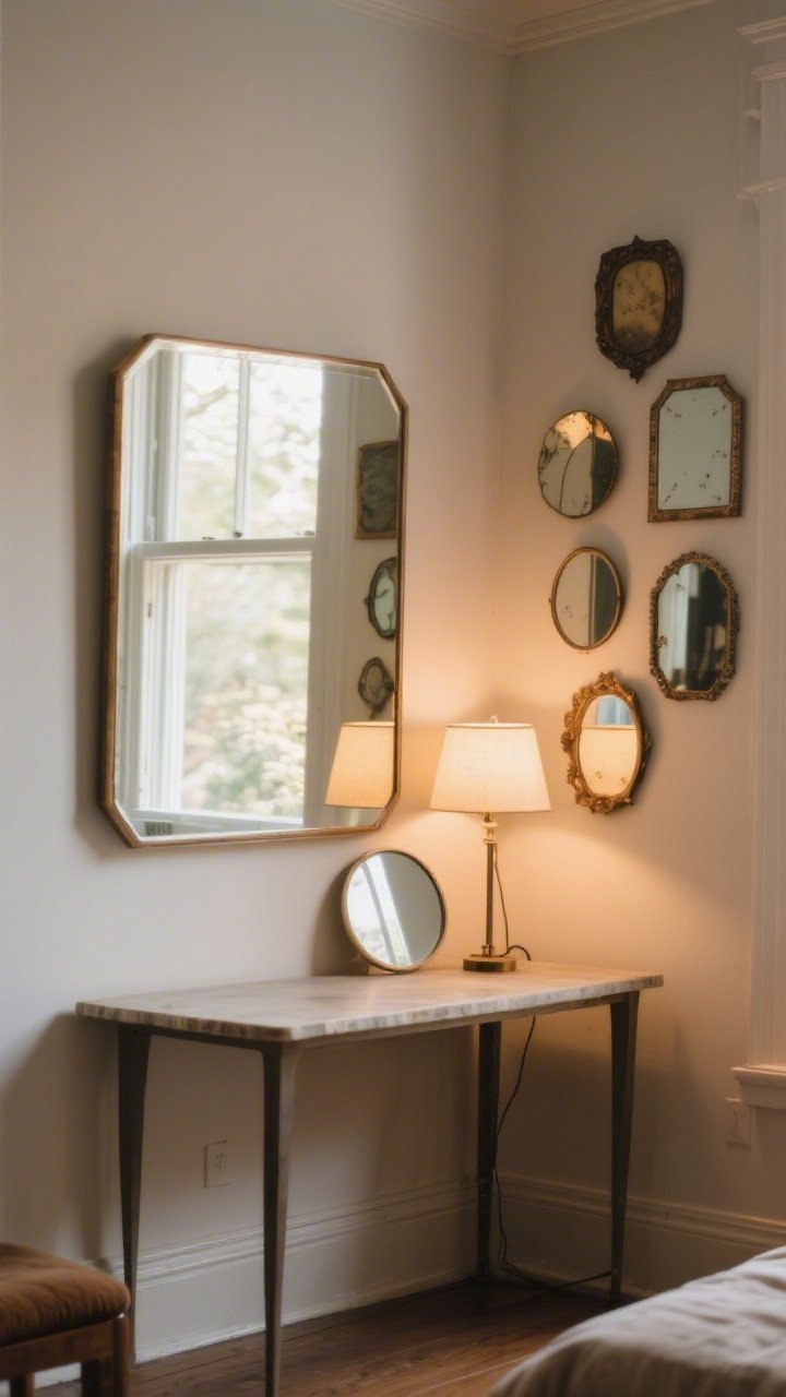 A medium shot of mirror placement: a large mirror hung directly across from a window to bounce natural light, plus a small round mirror behind a table lamp to amplify evening glow; a narrow wall displays a mixed-shape mini gallery of thrifted mirrors; avoid reflecting clutter, warm late-afternoon light, photorealistic