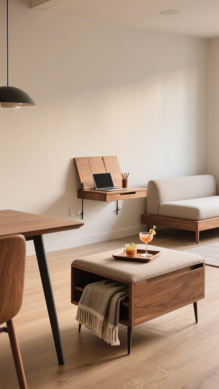 A medium shot of multitasking furniture: a slim-leg storage ottoman with a tray holding cocktails, a folded throw blanket peeking from inside; an extendable dining table in compact mode nearby; a wall-mounted drop-leaf desk folded down with a laptop and pencil cup; a daybed against the wall suggesting guest use; visible floor under slim legs for an airy feel, warm ambient light