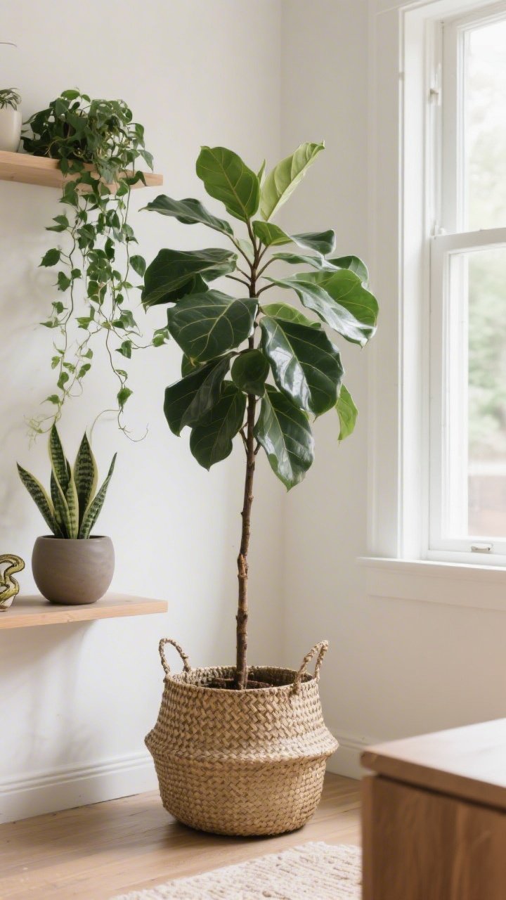 A medium shot of plant life adding style: a tall rubber tree in a woven basket as a statement near a window, trailing ivy softening a shelf edge, and a tabletop snake plant in a matte ceramic pot; planters coordinated in complementary tones for an intentional look; natural daylight filtering through, fresh and lively mood.