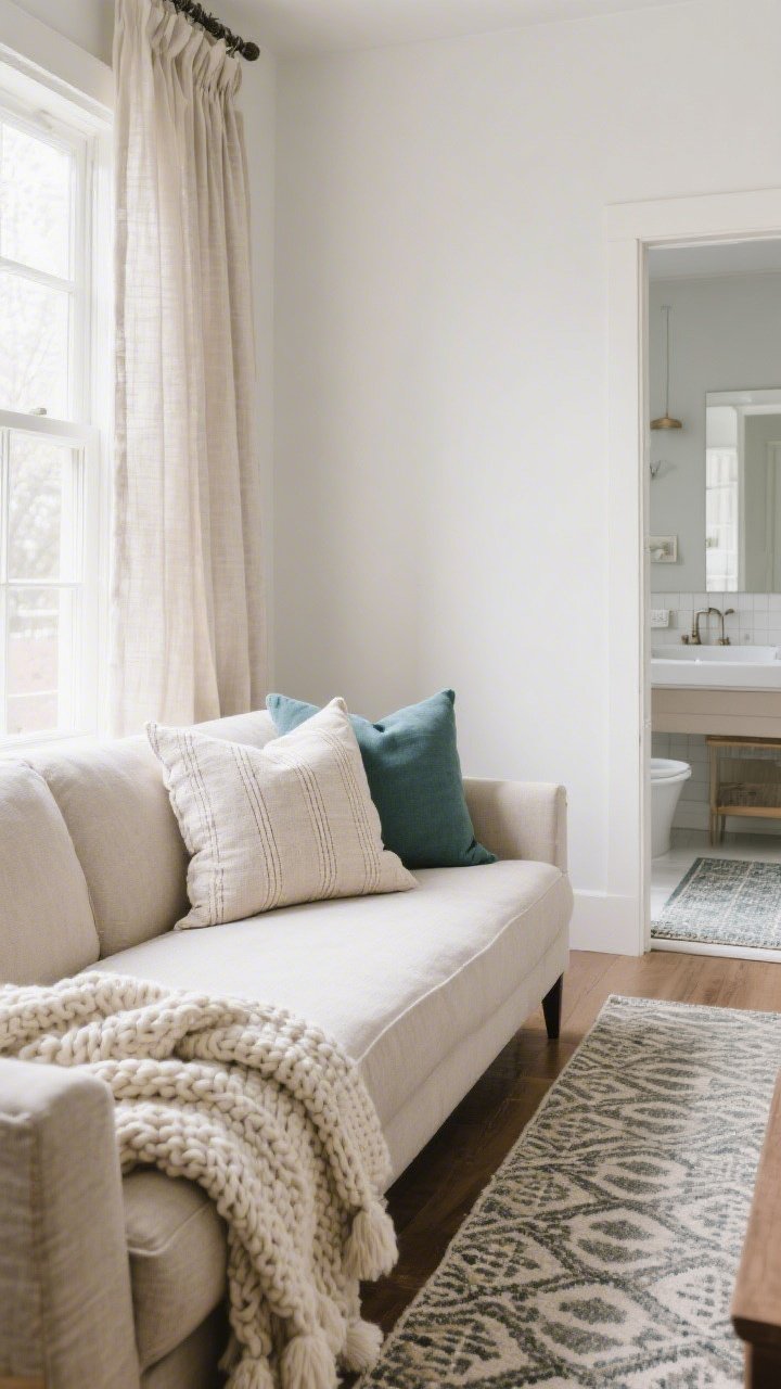 A medium shot of refreshed textiles: a sofa with new pillow covers in a neutral base plus two accent colors, a chunky knit throw for winter draped over the arm, linen-blend curtains filtering light, and a patterned runner leading to a bathroom with a coordinating bath mat; fabrics steamed and crisp, bright natural light, photorealistic