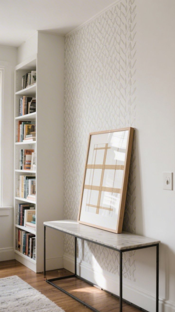 A medium shot of renter-friendly wall magic: a single accent wall with peel-and-stick wallpaper in a subtle modern pattern, the back panel of a nearby bookcase lined in the same paper; an oversized framed art print leaned casually on a console table, with a washi-tape grid design on an adjacent blank wall; no holes, editorial styling, natural daylight from the left.