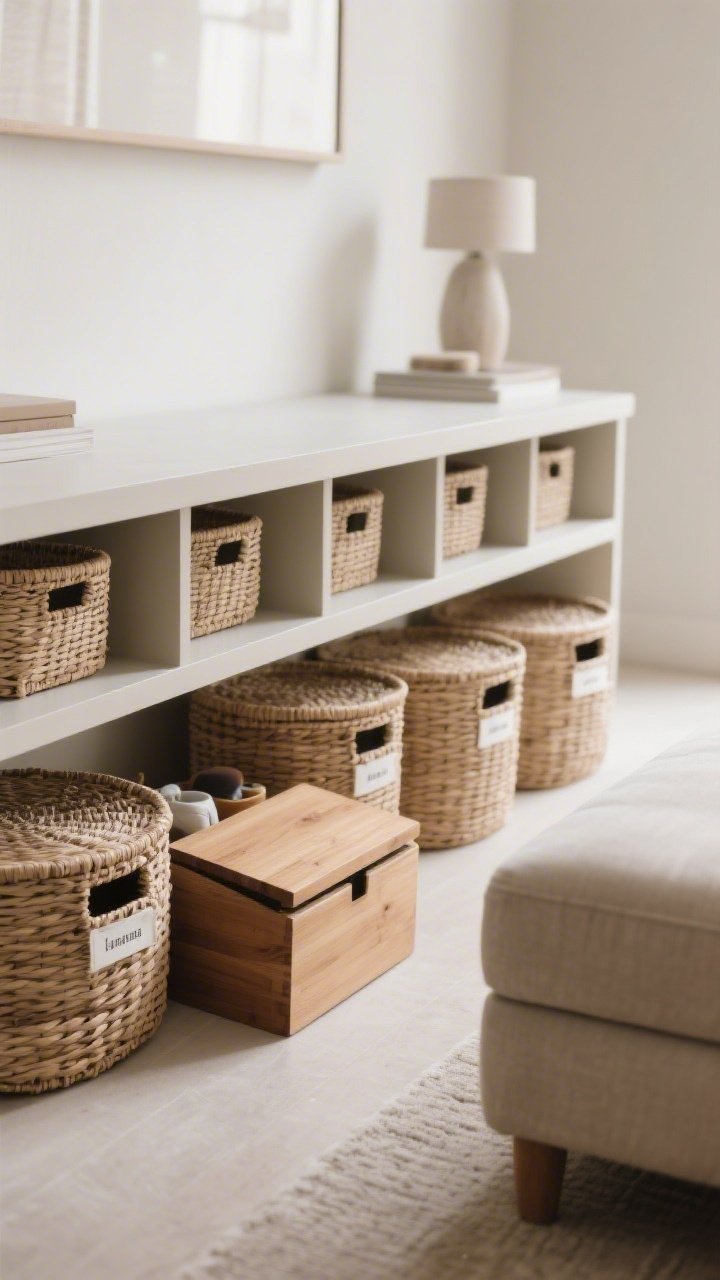 A medium shot of streamlined storage under a console: matching woven baskets with lids lined up, a wood lidded box concealing small items, and a storage ottoman nearby; exteriors calm and uniform, interior labels visible when a basket is slightly open; neutral tones and soft ambient light to underscore hidden clutter control.