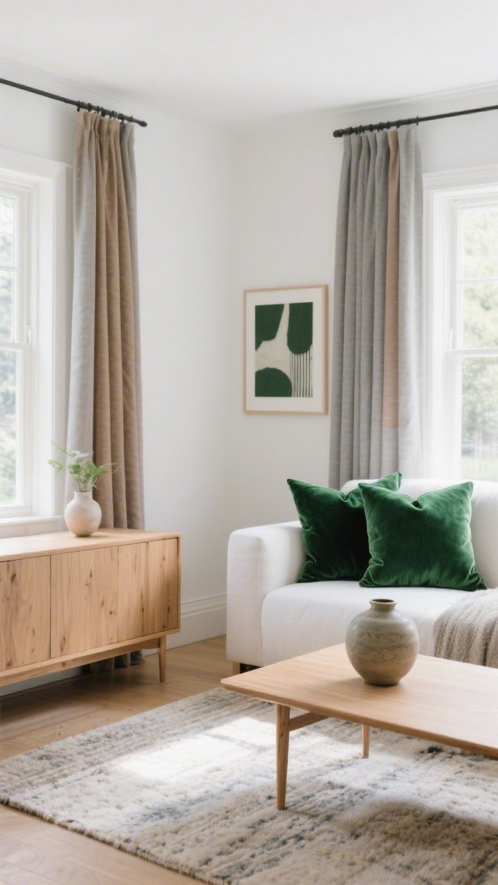A medium shot showcasing the 60/30/10 color strategy: warm white walls and light oak furniture as 60%; soft gray/tan curtains and rug as 30%; deep green accents repeated three times (velvet pillow, art detail, ceramic vase) as 10%; cohesive, intentional palette; soft morning light for clarity