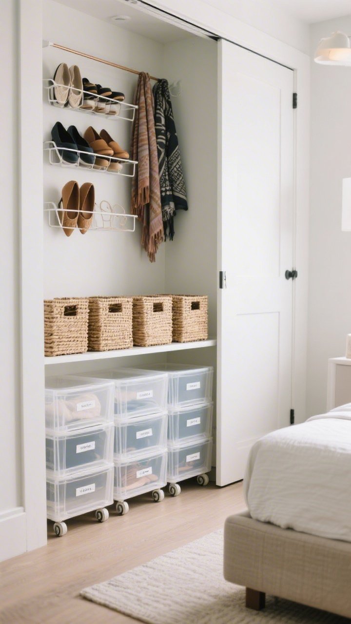 A medium shot under a bed and closet door area showcasing hidden storage: low-profile clear under-bed boxes on wheels, neatly labeled; an over-door rack holding shoes and scarves; uniform woven baskets lined up on a shelf for a clean visual line; subtle bed risers granting extra inches without being obvious; bright, practical lighting and a tidy, intentional look