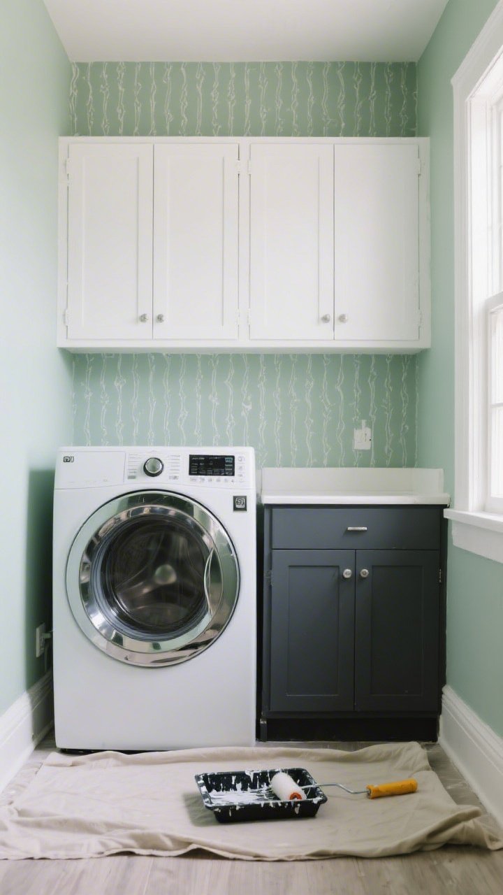 A medium, straight-on shot of a compact laundry nook freshly painted with a soft sage green accent wall behind a front-loading washer and dryer, crisp white side walls and trim, and lower cabinets color-dipped in moody charcoal while uppers remain white; subtle stencil pattern (thin vertical stripes) on the accent wall adds wallpaper-like interest; use scuff-resistant, satin-finish paint sheen visible on cabinet doors; natural daylight from the left, clean and calm mood; include a small paint tray and roller on a drop cloth folded in the corner to suggest a just-finished refresh, no people