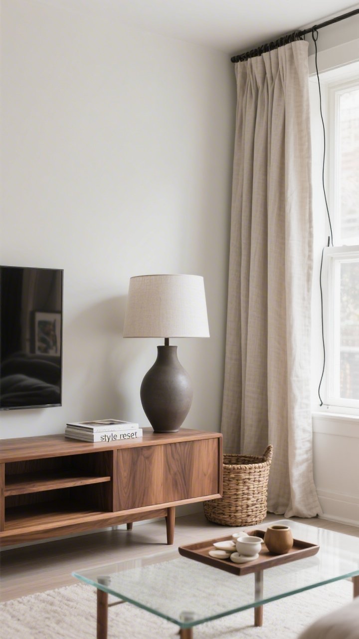 A medium, straight-on shot of a freshly “style reset” living room vignette: empty, decluttered walnut media console with only a sculptural matte-ceramic vase, a single art book, and a tailored linen curtain framing the window; cords are hidden via a woven basket beside the console, small decor grouped neatly on a tray on a clear coffee table; soft daylight, neutral palette with natural wood, linen, and a new crisp drum lamp shade as the quiet upgrade; photorealistic, calm, edited, and elevated
