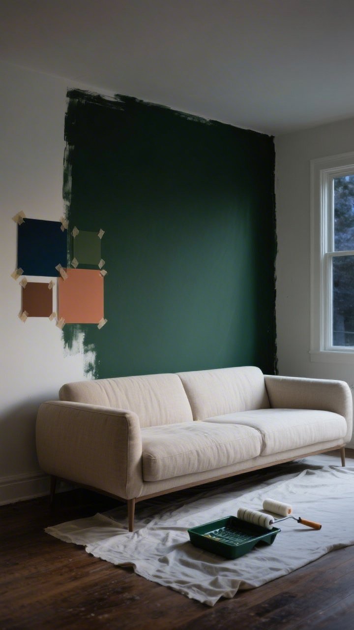 A medium, straight-on shot of a living room accent wall painted deep olive in satin finish behind a light neutral linen sofa, with moody evening light from a nearby window; paint swatch squares (moody navy, earthy terracotta, deep olive) taped on an adjacent white wall, a simple roller tray and paint roller on a drop cloth, and the furniture appearing elevated against the bold single wall
