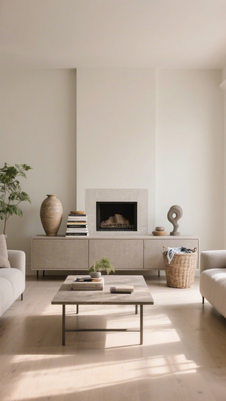 A medium, straight-on shot of a living room coffee table, mantle, and credenza freshly edited: 30% fewer items, styled vignettes in groups of three (tall ceramic vase, mid-height stack of hardcover books, small sculptural object), a laundry basket with removed décor just out of frame, clear floors, warm afternoon natural light, neutral palette with matte textures and subtle greenery; photorealistic, calm and intentional styling with plenty of negative space.