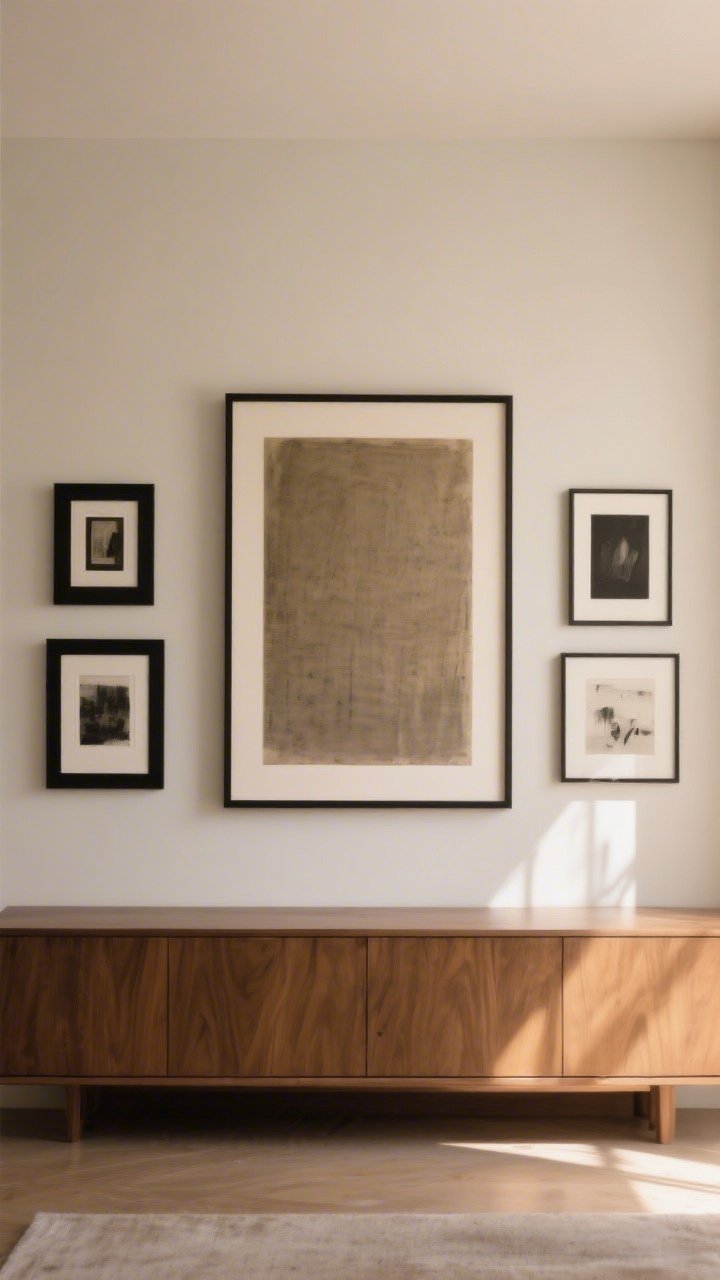 A medium, straight-on shot of a wall over a credenza demonstrating art tweaks: one oversized framed piece hung at eye level (center at 57–60 inches), flanked by a small cohesive gallery grouping with identical black frames in varied sizes; minimal décor on the credenza to let the art relate to the furniture; warm daylight, matte wall paint, calm and elevated mood.