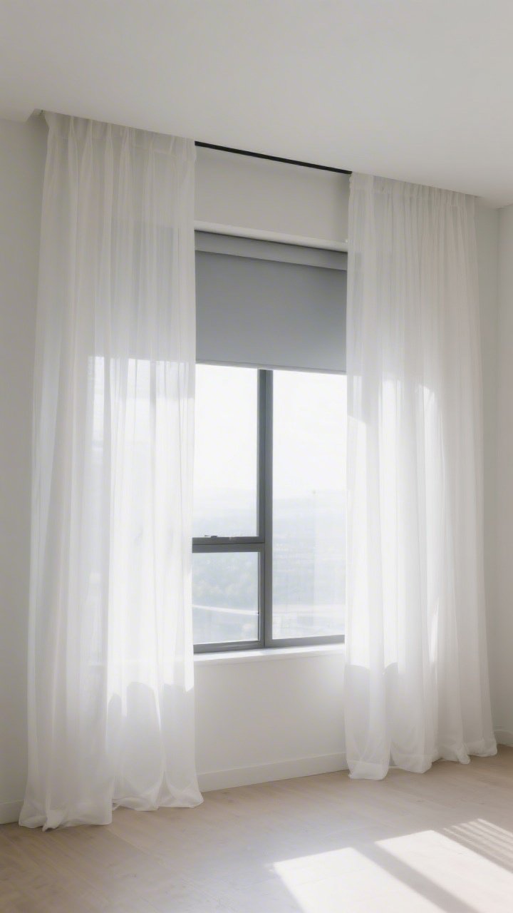 A medium, straight-on shot of a window with minimalist treatments: sheer white curtains hung high near the ceiling and extended wide beyond the frame to make the window feel larger; the fabric just kissing the floor—no puddling; an alternative simple light gray roller shade visible behind; bright, natural daylight flooding the room.