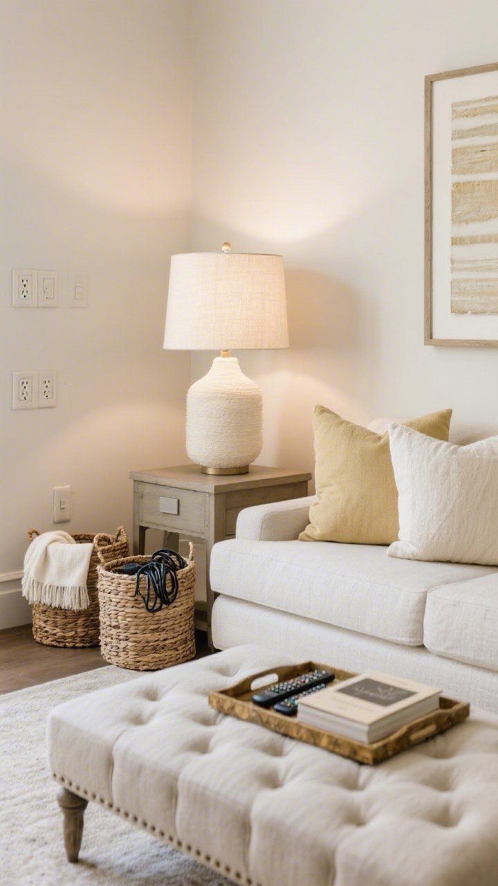 A medium vignette of impactful small swaps: uniform switch plates and outlet covers in a matte finish, a cozy cream lampshade softening light on a side table, coordinated woven baskets corralling throws and cords, and a statement tray on an ottoman collecting remotes and a small book; repeat a single accent color three times in pillow, throw, and art.