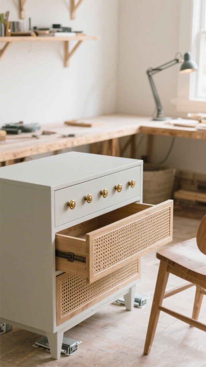 A medium workbench scene showing a furniture DIY glow-up: a small dresser mid-project with satin paint partially applied, a row of swapped knobs and pulls in a single brushed brass tone, and a drawer front wrapped in wood-look vinyl next to a strip of cane webbing; natural, bright task lighting highlights the refreshed finishes; furniture sliders peek out from under a nearby chair.