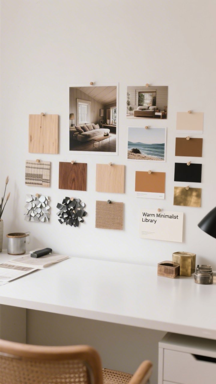 A mood board workspace on a clean white desk: a grid of 12–15 pinned images showing cozy cabin, clean minimal, soft coastal, and earthy boho vibes; swatches of light oak and walnut wood, metal chips in matte black and aged brass, and paint cards in warm neutrals with a single accent color; a notecard titled “Warm Minimalist Library”; soft daylight, overhead angle, photorealistic detail of textures and finishes