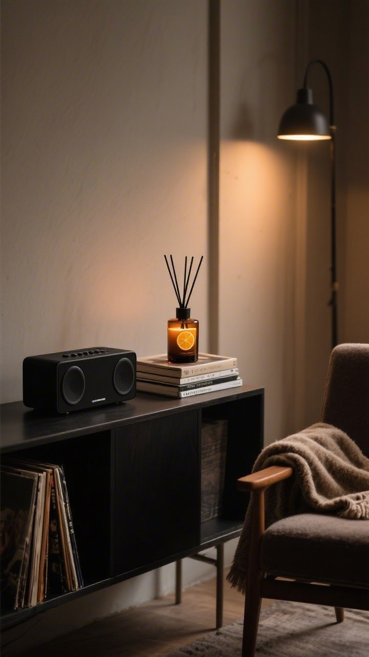 A moody, medium shot of a console vignette set for scent and sound: a matte black diffuser and amber glass candle (citrus-woody notes implied), a compact speaker beside a small stack of records/books, and a plush throw draped over a nearby chair; warm, low evening light with gentle highlights, inviting and tranquil atmosphere; no people, photorealistic.