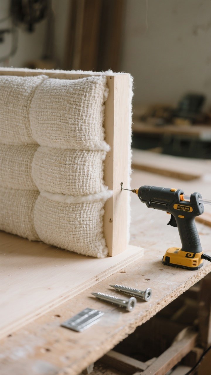 A process-focused closeup detail of a DIY upholstered headboard: foam and batting wrapped snugly in ivory boucle fabric, corners folded like a neatly wrapped gift, being stapled to a thin plywood board with a staple gun nearby; a French cleat set resting on the work surface, all under soft workshop lighting for a luxe, textured look