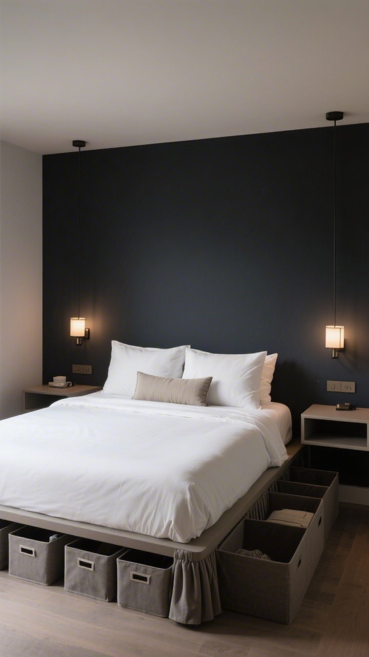 A serene small bedroom wide shot: low-profile bed with under-bed storage bins hidden behind a tailored bed skirt, floating shelves as nightstands with matching sconces for symmetry; the bed dressed hotel-style—crisp white duvet, two euro pillows, two sleeping pillows, one long lumbar; walls in a deep ink tone to cocoon the space; warm, soft bedside lighting, no harsh LEDs