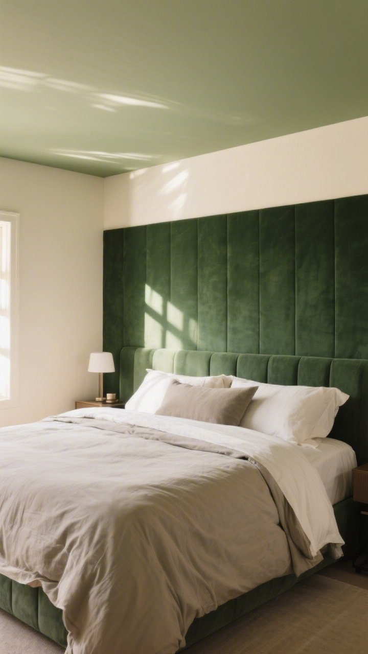 A straight-on bedroom scene showing strategic color play: light creamy walls with a deep forest green accent wall behind the headboard, tone-on-tone bedding in layered beige and greige, and the ceiling painted to match the walls for a cocoon effect; warm morning light, calm and expansive atmosphere